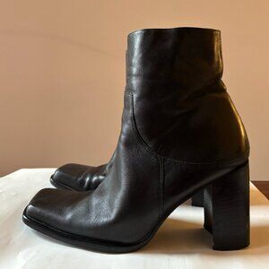 Vintage Nine West Black Ankle Block Heeled Square Toe Leather Ankle Boots Sz 9